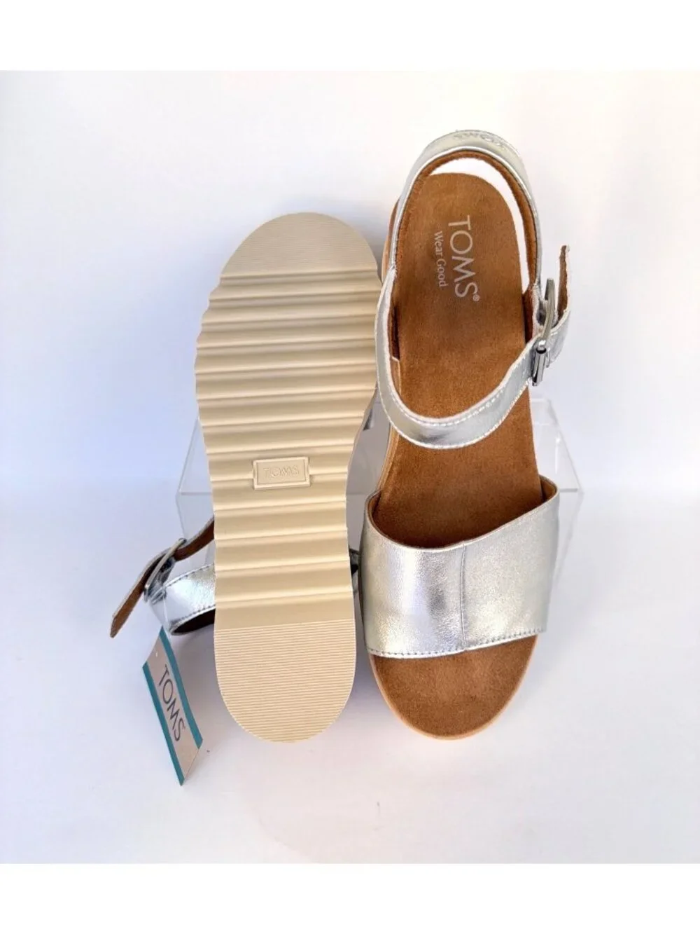 TOMS Diana Platform Wedge Sandals Silver Metallic Nappa Leather Women Size 9.5